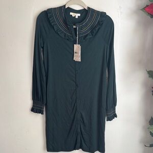 Boden | Dark Green Long Sleeve Dress with Ruffle Trim Sz 8